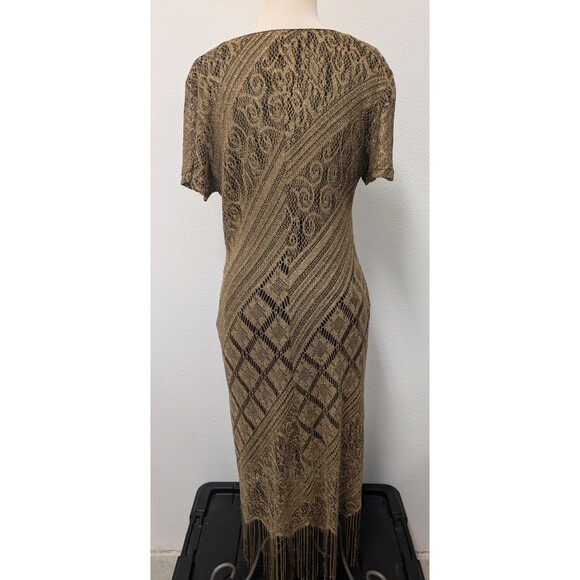 80s Helene Blake Brown/Gold Floral Lace Dress sz M/L Fringe Hem 60s Flapper Girl - Picture 6 of 8